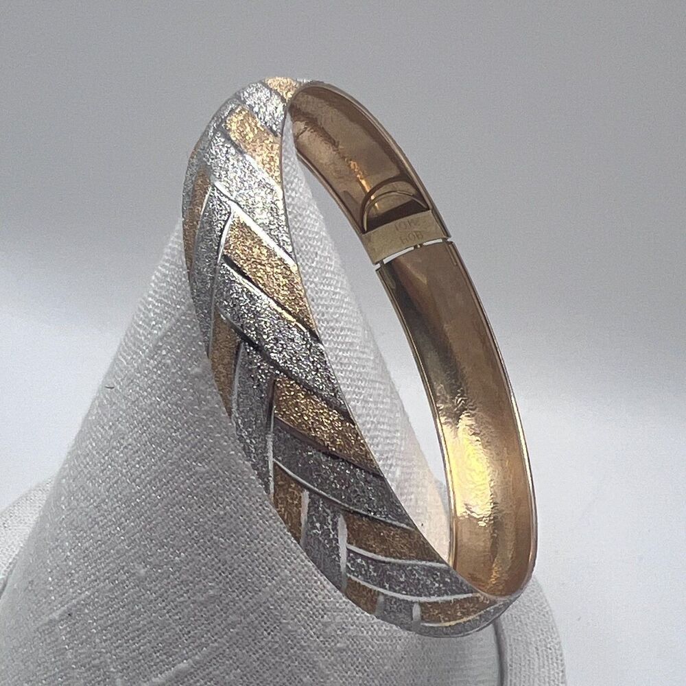 HOB 10K Two-Tone Gold Bangle, Chevron Diamond Cut Pattern, Hinged Safety Clasp